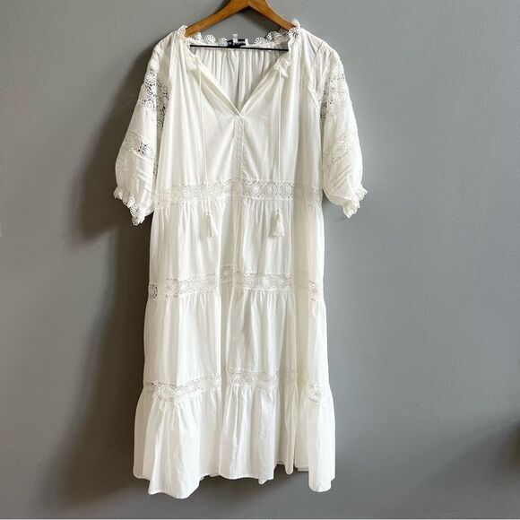 En Saison Women's Tiered Lace Detail Midi Dress White Size Medium 100% Cotton - Picture 5 of 14